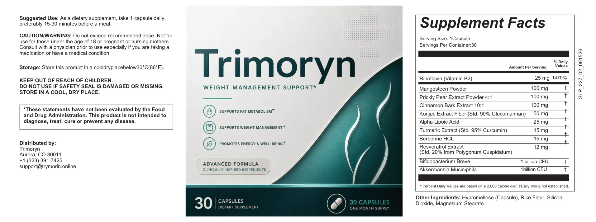 Trimoryn supplement facts label